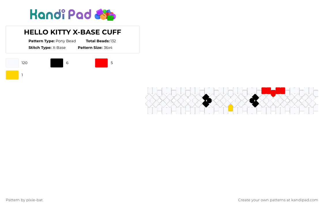 HELLO KITTY X-BASE CUFF - Pony Bead Pattern by kacchankablam on Kandi Pad - white,red,hello kitty,xbase