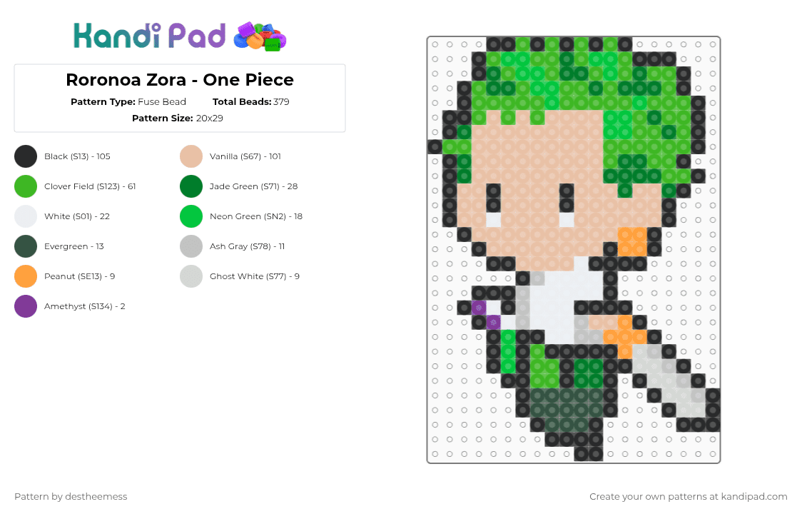 Roronoa Zora - One Piece - Fuse Bead Pattern by destheemess on Kandi Pad - green,beige