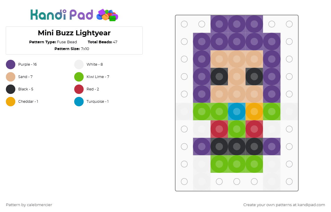 Mini Buzz Lightyear - Fuse Bead Pattern by calebmercier on Kandi Pad - purple,beige,green,mini,disney