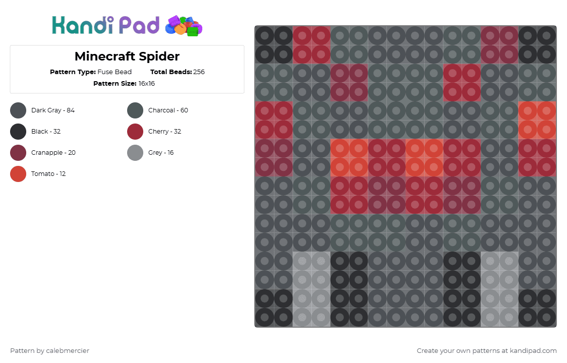 Minecraft Spider - Fuse Bead Pattern by calebmercier on Kandi Pad - gray,pink,minecraft
