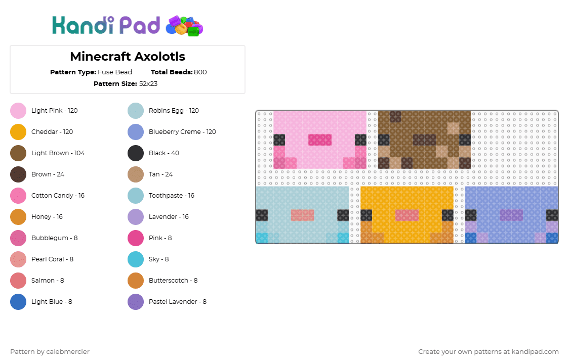 Minecraft Axolotls - Fuse Bead Pattern by calebmercier on Kandi Pad - pink,light blue,orange,tan,minecraft