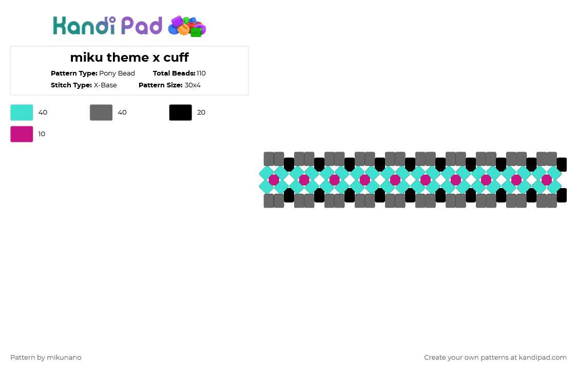 miku theme x cuff - Pony Bead Pattern by glutenfree on Kandi Pad - light blue,gray
