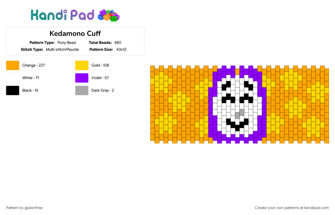 Kedamono Cuff - Pony Bead Pattern by glutenfree on Kandi Pad - character, cuff, kedamono, orange, popee the performer, yellow