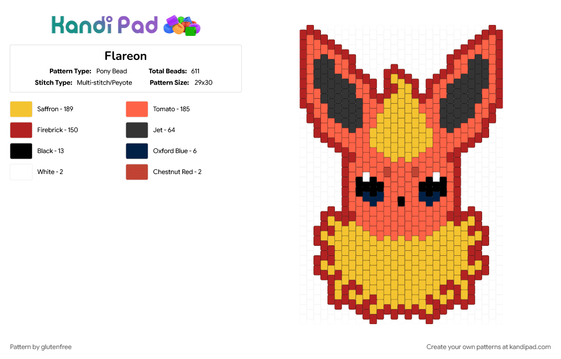 Flareon - Pony Bead Pattern by glutenfree on Kandi Pad - animal, cute, eeveelution, flareon, gaming, kawaii, pokemon, red, yellow