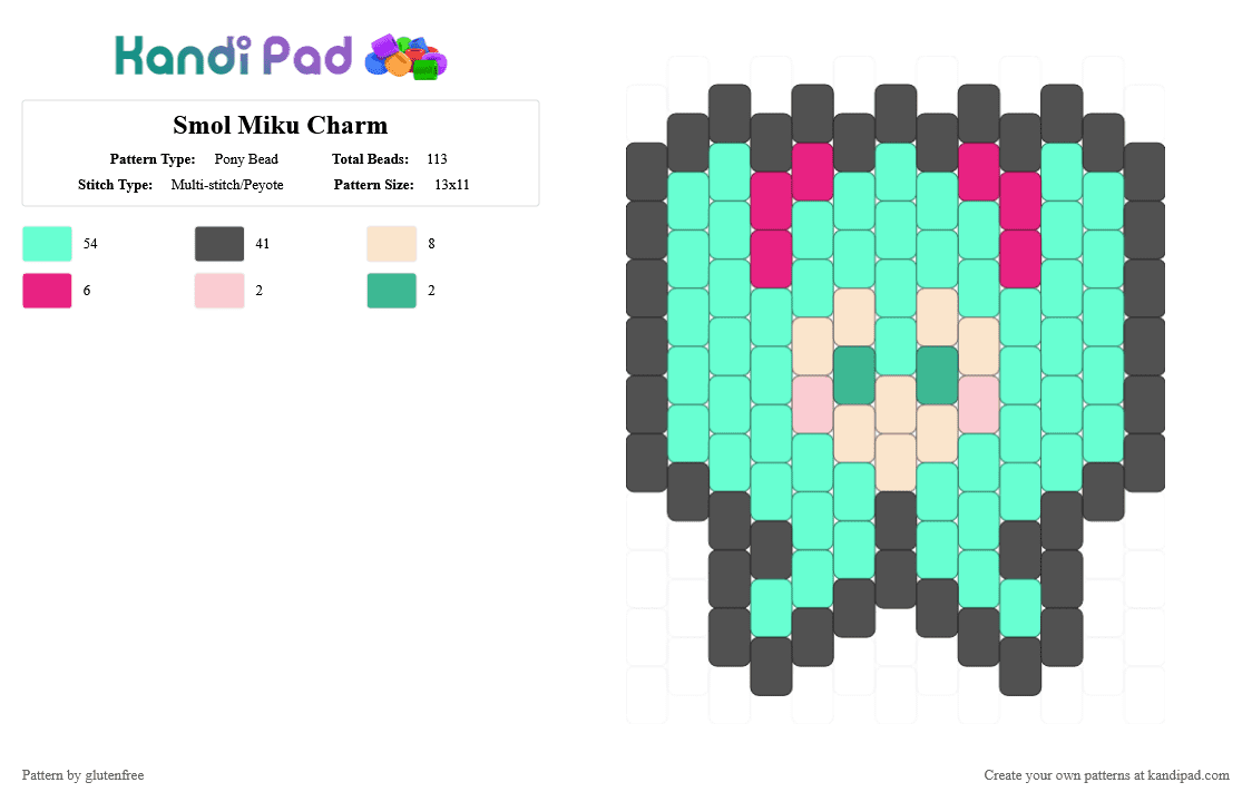 Smol Miku Charm - Pony Bead Pattern by glutenfree on Kandi Pad - anime, charm, cotdanime, gray, hatsune miku, miku, music, teal, vocaloid