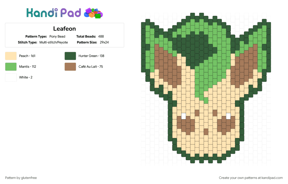 Leafeon - Pony Bead Pattern by glutenfree on Kandi Pad - animal, beige, cute, eeveelution, gaming, gray, kawaii, leafeon, pokemon