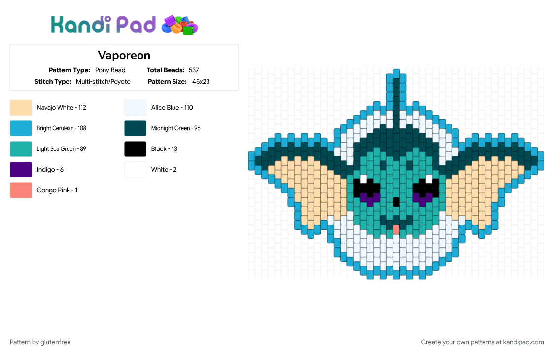 Vaporeon - Pony Bead Pattern by glutenfree on Kandi Pad - animal, beige, blue, cute, eeveelution, gaming, kawaii, light blue, pokemon, teal, vaporeon