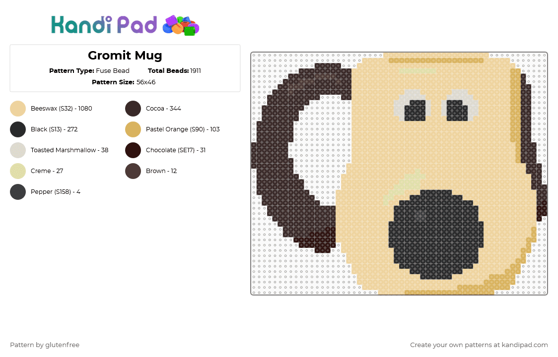 Gromit Mug - Fuse Bead Pattern by glutenfree on Kandi Pad - claymation,tv show,animal,brown,beige,wallace and gromit,gromit,mug,dog
