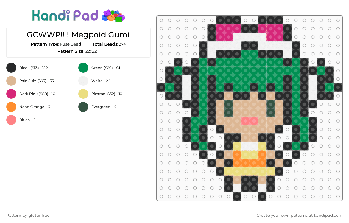 GCWWP!!!! Megpoid Gumi - Fuse Bead Pattern by glutenfree on Kandi Pad - black,green,beige,vocaloid,anime,music,video games,groove coaster,gumi,megpoid gumi