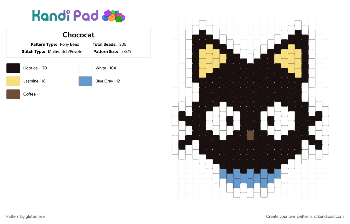 Chococat - Pony Bead Pattern by glutenfree on Kandi Pad - black, cat, character, chococat, cotdcats, cute, kawaii, light blue, sanrio, white, yellow