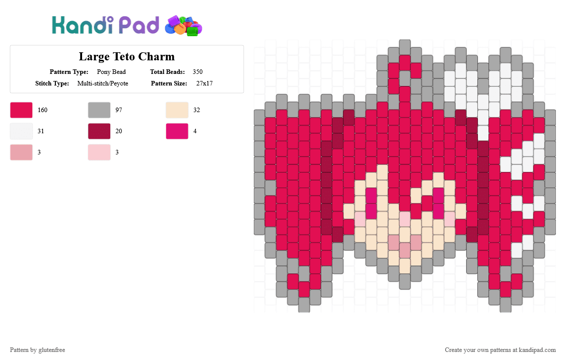 Large Teto Charm - Pony Bead Pattern by glutenfree on Kandi Pad - anime, beige, charm, kasane teto, music, red, synthv, teto, utau, vocaloid