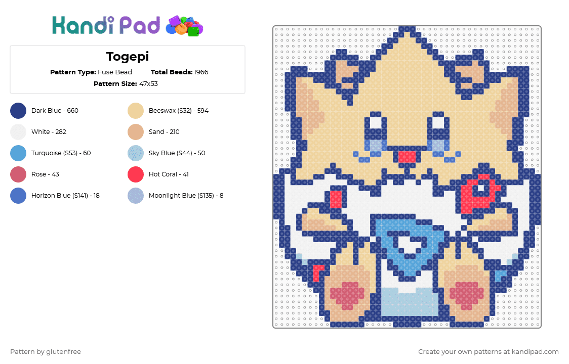 Togepi - Fuse Bead Pattern by glutenfree on Kandi Pad - blue,beige,anime,video games,pokemon,togepi,kawaii,cute