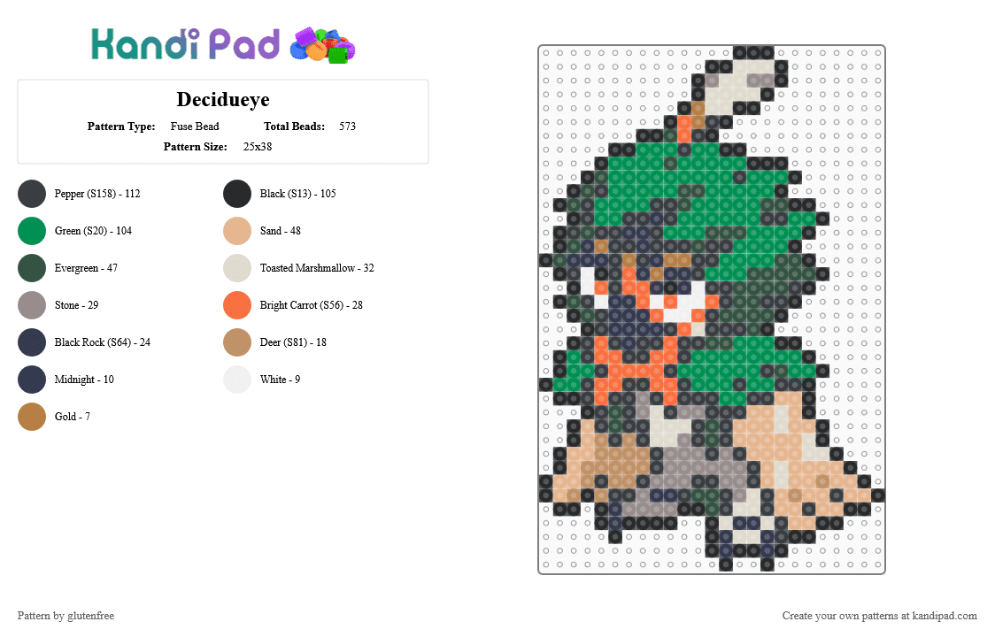 Decidueye - Fuse Bead Pattern by glutenfree on Kandi Pad - beige,gray,green,cotdtradingcardgames,pokemon,pokemon sun and moon,sun and moon,decidueye,pokemon sword and shield,sword and shield