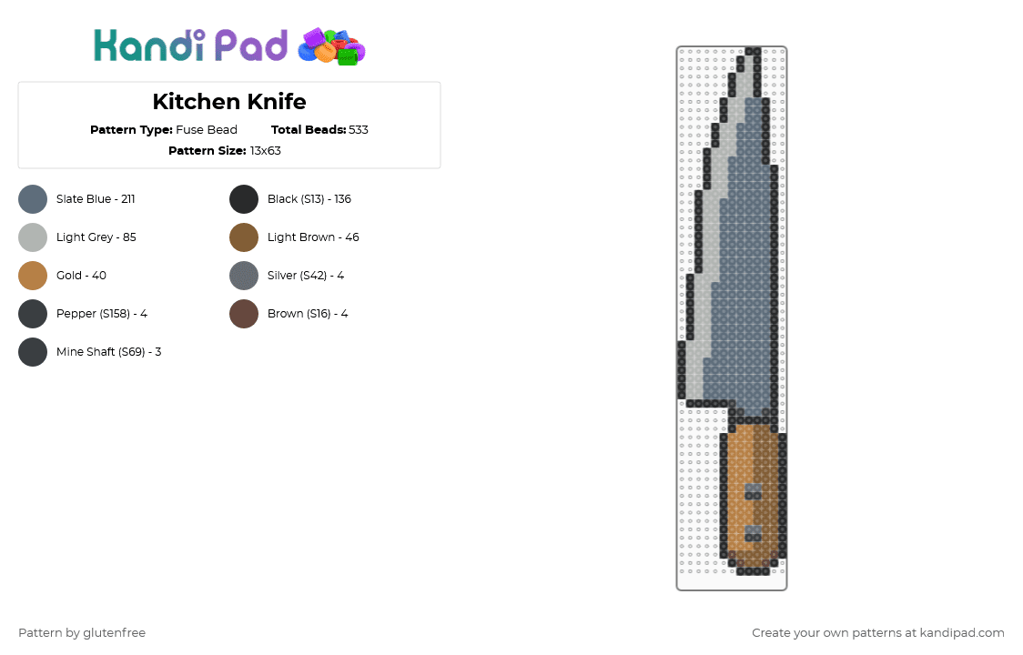 Kitchen Knife - Fuse Bead Pattern by glutenfree on Kandi Pad - blade, cotdkitchen, cutlery, gray, kitchen knife, knife