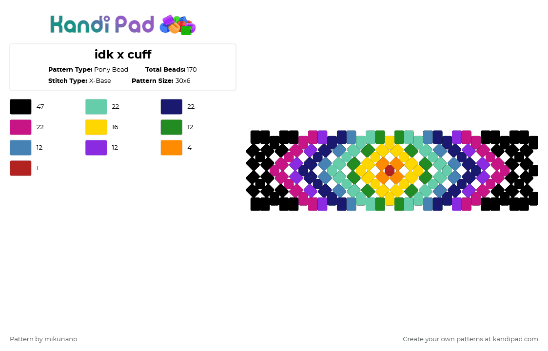 idk x cuff - Pony Bead Pattern by glutenfree on Kandi Pad - yellow,teal,purple,pink
