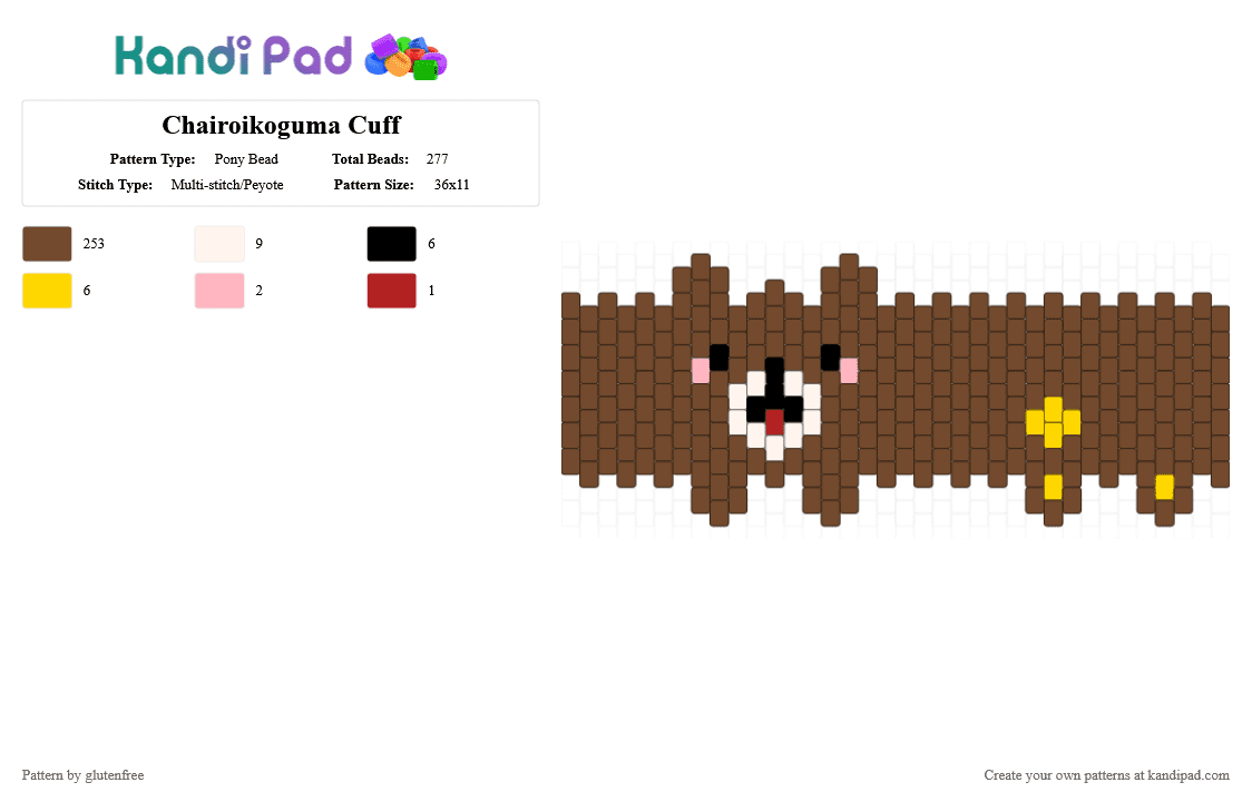 Chairoikoguma Cuff - Pony Bead Pattern by glutenfree on Kandi Pad - animal, bear, brown, chairoikoguma, cute, kawaii, rilakkuma