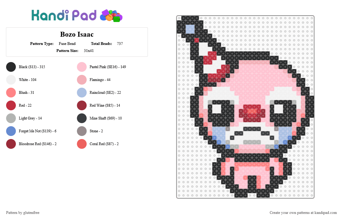 Bozo Isaac - Fuse Bead Pattern by glutenfree on Kandi Pad - black,red,beige,pink,tboi,the binding of isaac,clown,video games