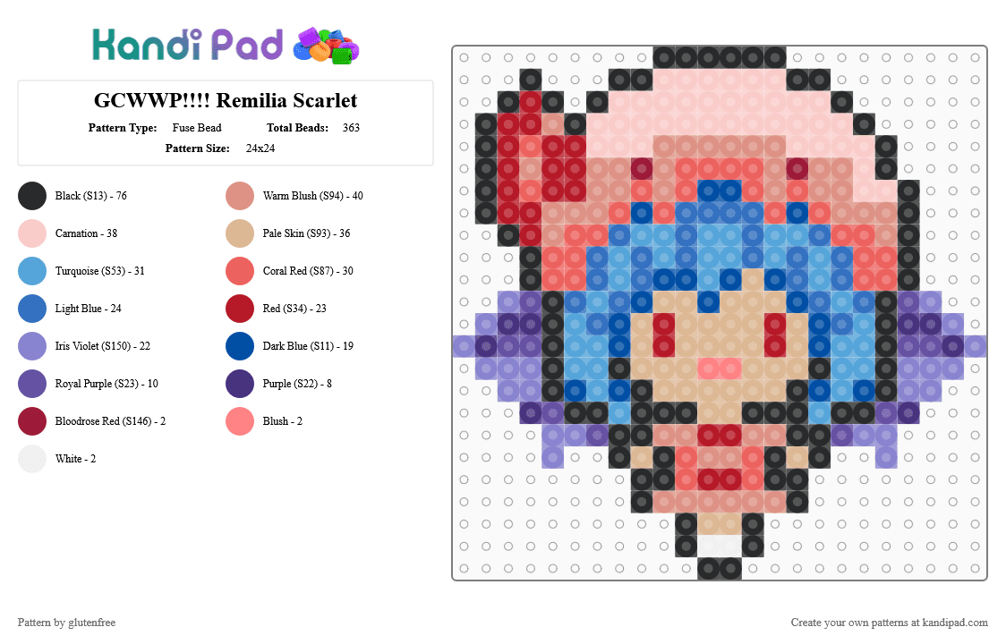 GCWWP!!!! Remilia Scarlet - Fuse Bead Pattern by glutenfree on Kandi Pad - red,beige,blue,touhou,anime,video games,groove coaster,touhou project,remilia,remilia scarlet