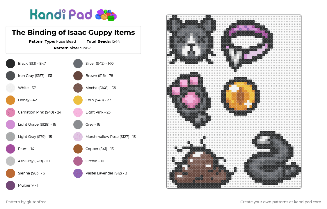 The Binding of Isaac Guppy Items - Fuse Bead Pattern by glutenfree on Kandi Pad - black,gray,purple,tan,colorful,tboi,the binding of isaac,guppy,animal,cat,video games