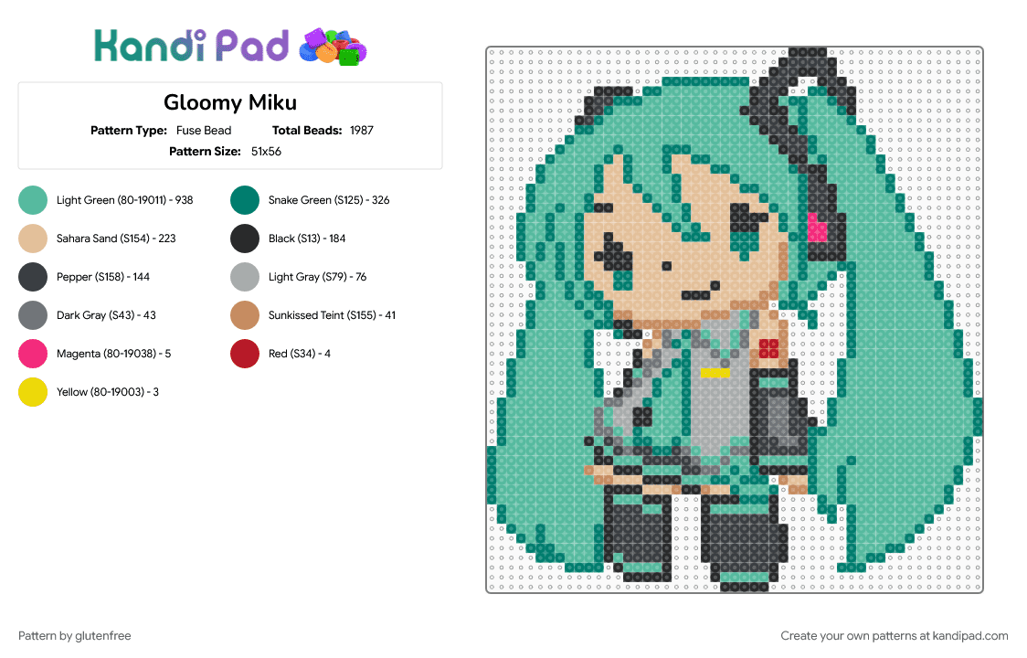 Gloomy Miku - Fuse Bead Pattern by glutenfree on Kandi Pad - beige, character, gloomy, gloomy bear, hatsune miku, miku, music, teal, vocaloid