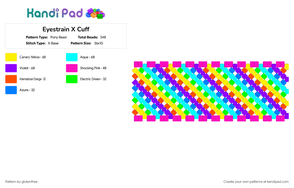 Eyestrain X Cuff - Pony Bead Pattern by glutenfree on Kandi Pad - bright, colorful, eyestrain, light blue, pink, purple, rainbow, yellow