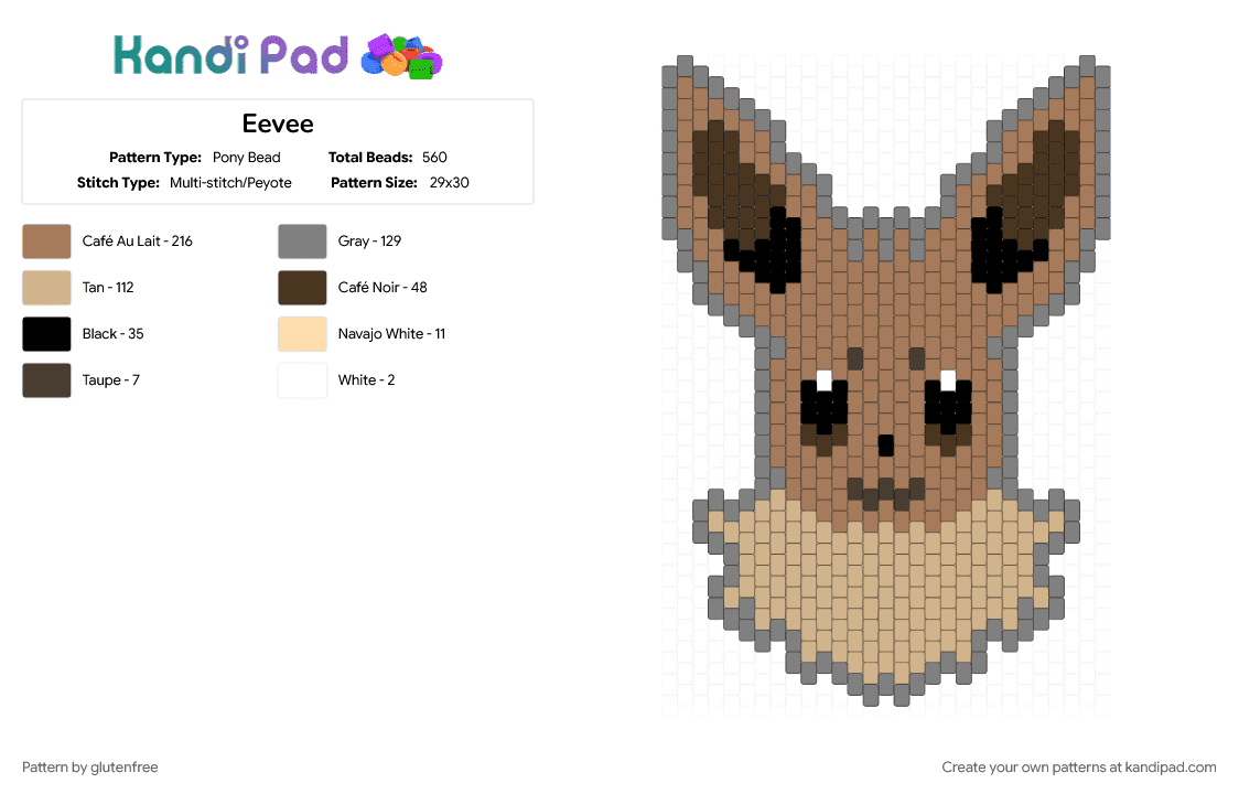 Eevee - Pony Bead Pattern by glutenfree on Kandi Pad - animal, beige, cute, eevee, gaming, gray, kawaii, pokemon, tan
