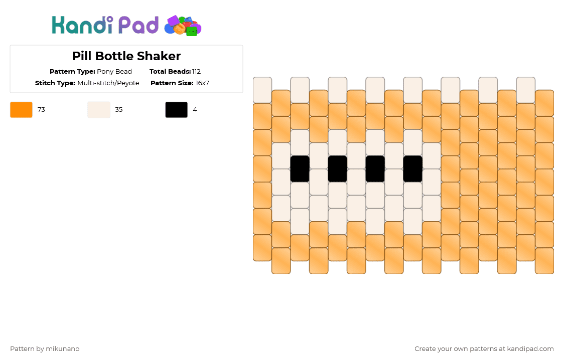 Pill Bottle Shaker - Pony Bead Pattern by glutenfree on Kandi Pad - white,orange