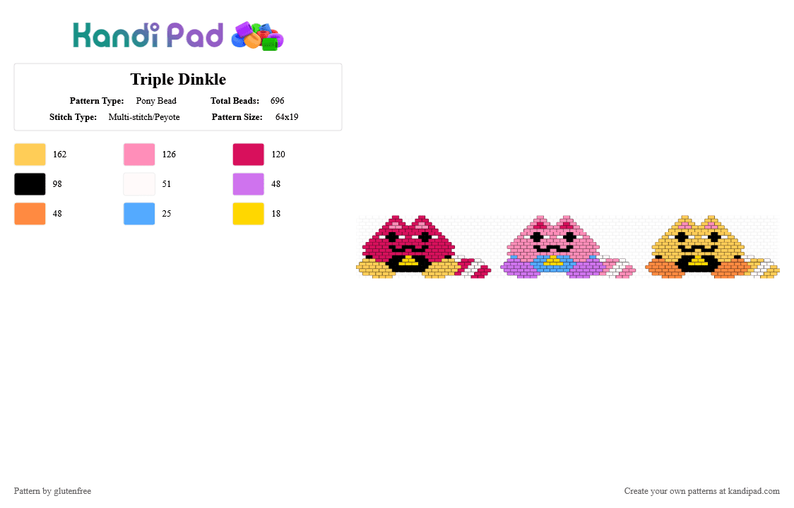 Triple Dinkle - Pony Bead Pattern by glutenfree on Kandi Pad - cute, dinkle, itemlabel, kawaii, pink, plushie, yellow