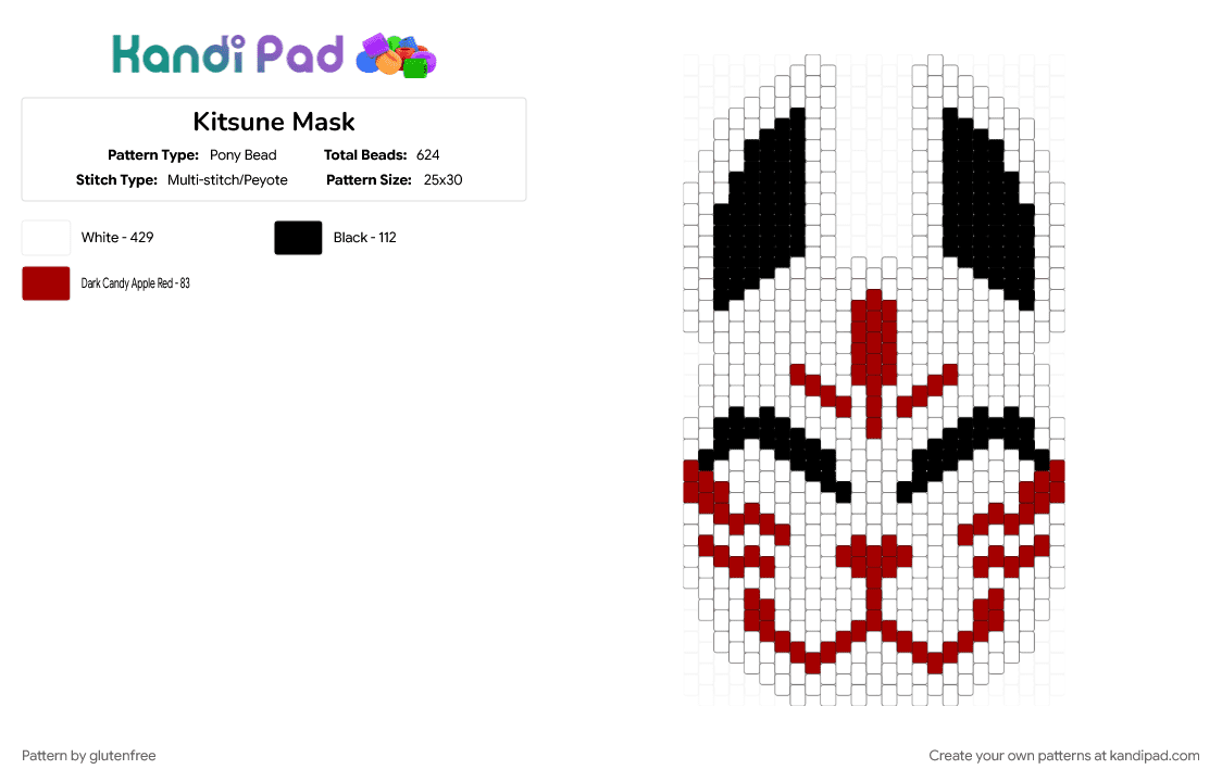 Kitsune Mask - Pony Bead Pattern by glutenfree on Kandi Pad - animal, kitsune, kitsune mask, mask, white