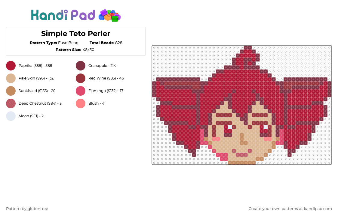 Simple Teto Perler - Fuse Bead Pattern by glutenfree on Kandi Pad - red,brown,kasane teto,vocaloid,utau,synth v,anime,music,teto,kawaii