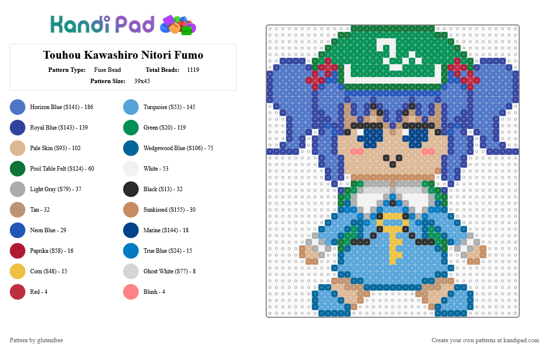 Touhou Kawashiro Nitori Fumo - Fuse Bead Pattern by glutenfree on Kandi Pad - green,blue,beige,colorful,touhou,touhou project,video games,anime,kawashiro nitori,nitori
