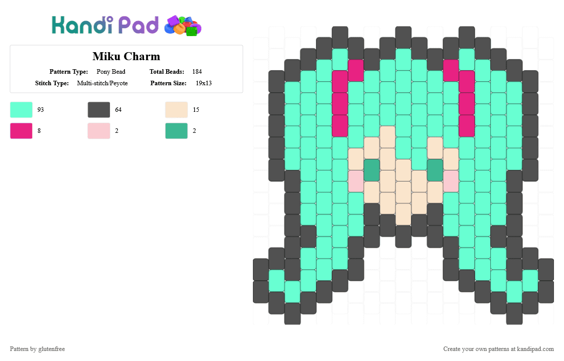 Miku Charm - Pony Bead Pattern by glutenfree on Kandi Pad - anime, charm, cotdanime, gray, hatsune miku, miku, music, teal, vocaloid