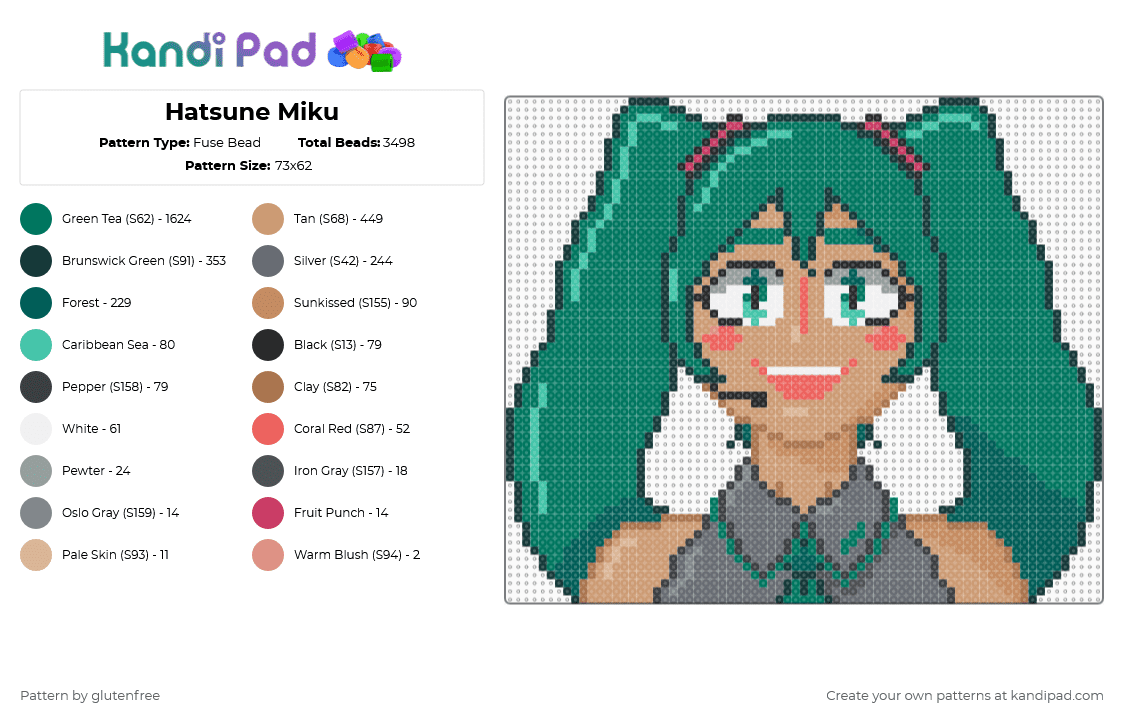 Hatsune Miku - Fuse Bead Pattern by glutenfree on Kandi Pad - teal,beige,gray,hatsune miku,miku,vocaloid,music,anime