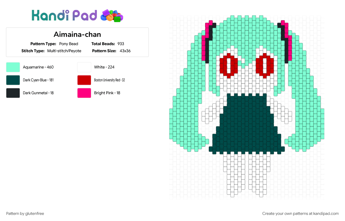 Aimaina-chan - Pony Bead Pattern by glutenfree on Kandi Pad - aimaina, aimainachan, character, cute, hatsune miku, kawaii, pinocchiop, teal, vocaloid