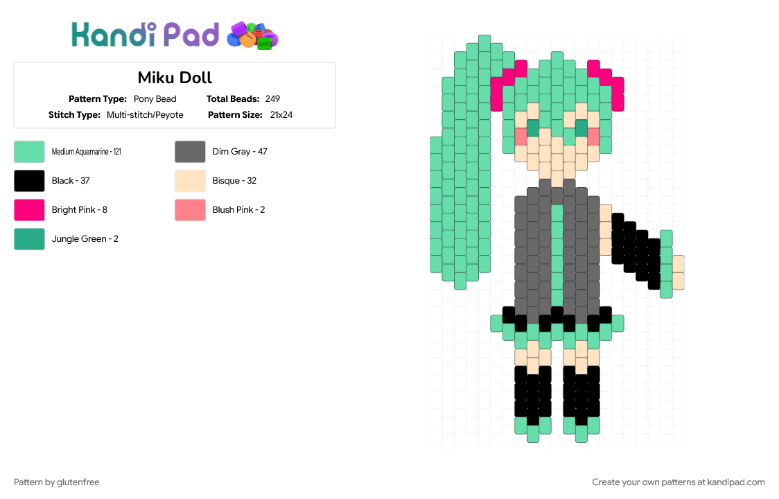 Miku Doll - Pony Bead Pattern by glutenfree on Kandi Pad - anime, character, doll, gray, hatsune miku, miku, music, teal, vocaloid