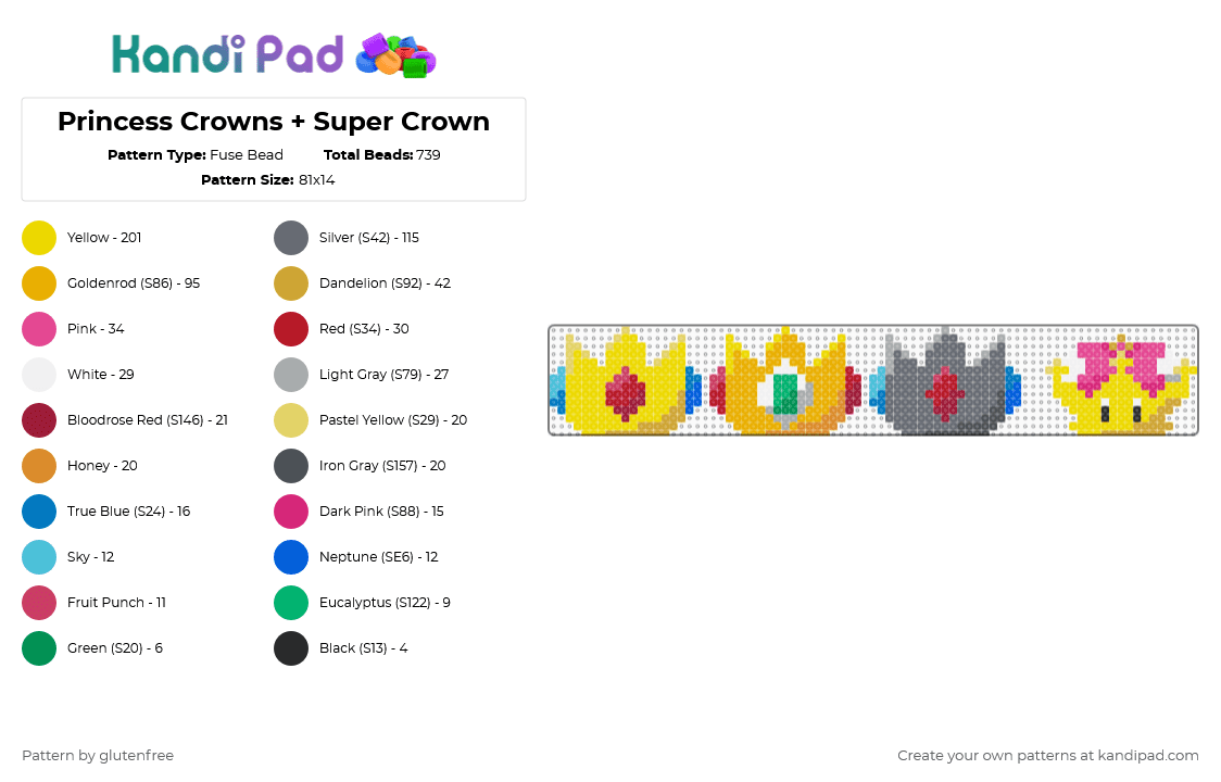 Princess Crowns + Super Crown - Fuse Bead Pattern by glutenfree on Kandi Pad - yellow,orange,gray,cotdcrowns,princess,mario,super mario,princess peach,princess daisy,rosalina,peachette