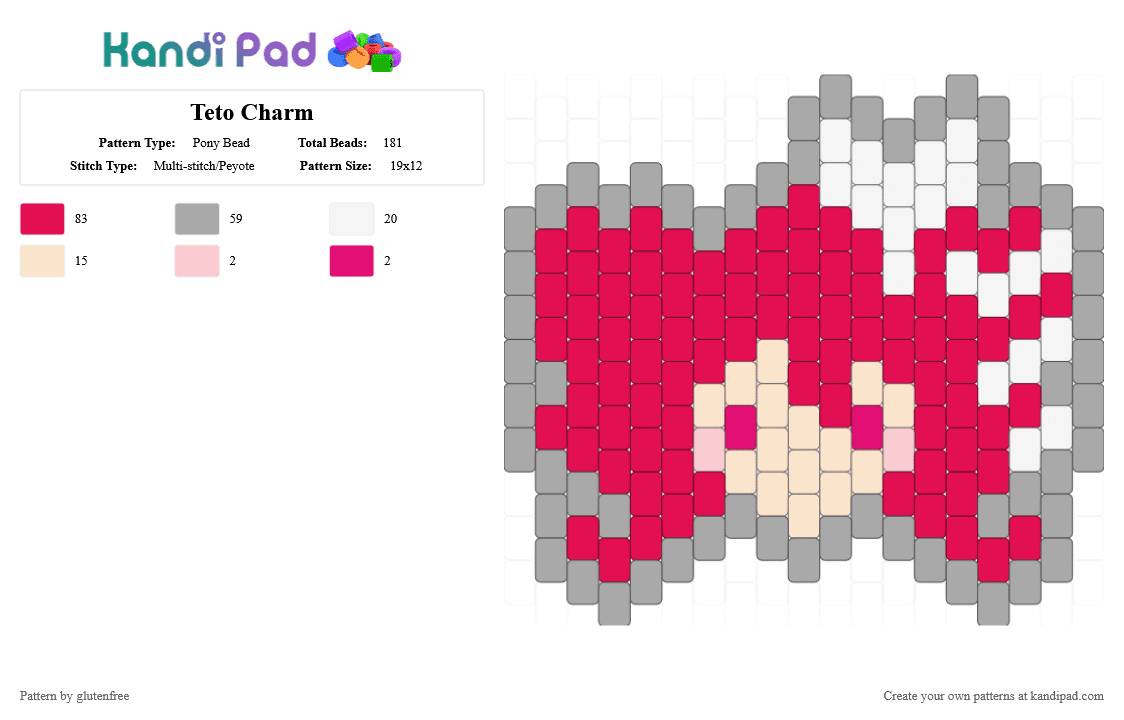 Teto Charm - Pony Bead Pattern by glutenfree on Kandi Pad - anime, beige, charm, kasane teto, music, red, synthv, teto, utau, vocaloid