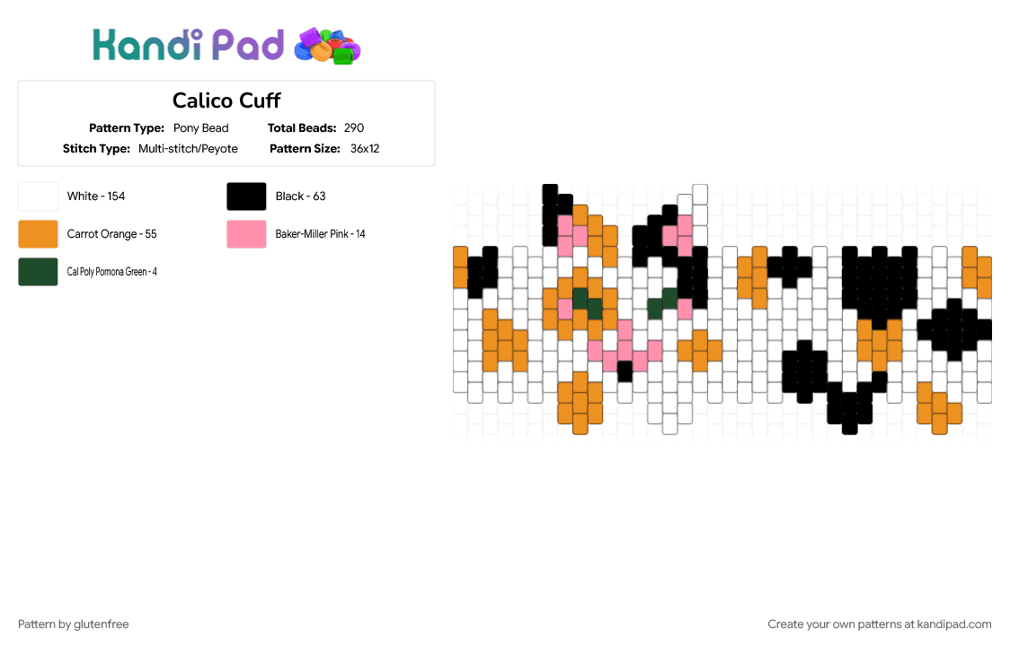 Calico Cuff - Pony Bead Pattern by glutenfree on Kandi Pad - animal, calico, calico cat, cat, cotdcats, cuff, cute, kawaii, orange, white