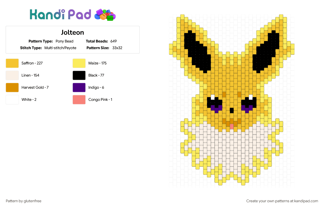Jolteon - Pony Bead Pattern by glutenfree on Kandi Pad - animal, cute, eeveelution, gaming, jolteon, kawaii, pokemon, yellow