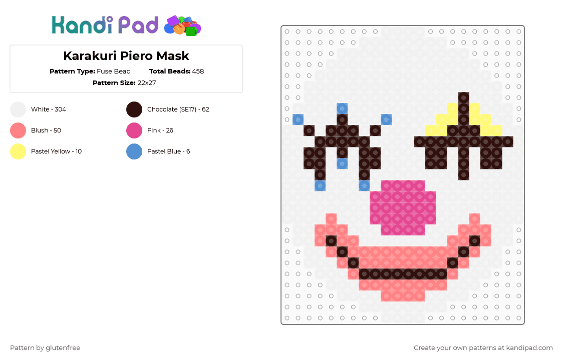 Karakuri Piero Mask - Fuse Bead Pattern by glutenfree on Kandi Pad - white,red,brown,cotdsadness,hatsune miku,miku,vocaloid,40mp,music,anime