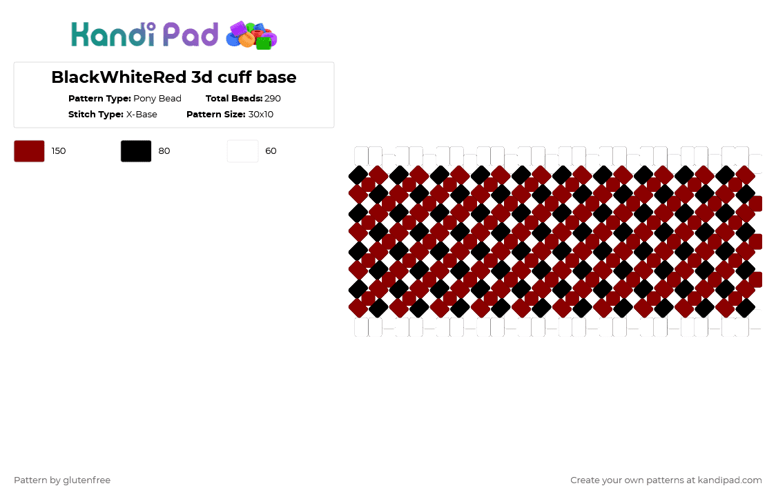 BlackWhiteRed 3d cuff base - Pony Bead Pattern by glutenfree on Kandi Pad - red,white