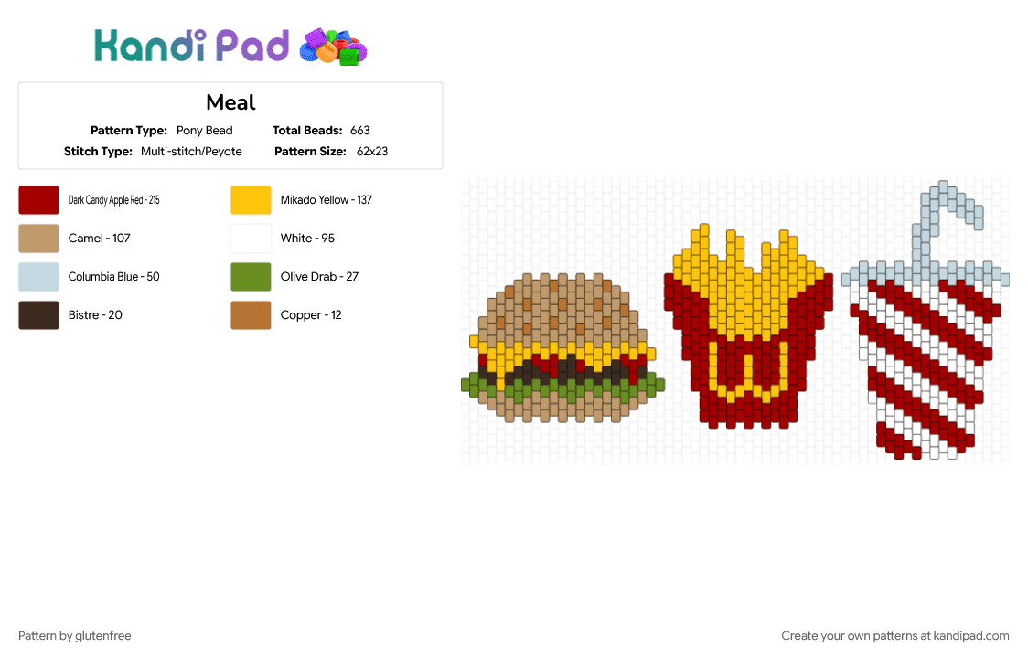 Meal - Pony Bead Pattern by glutenfree on Kandi Pad - beige, burger, fast food, food, fries, mcdonalds, meal, red, soda, wcdonalds, yellow