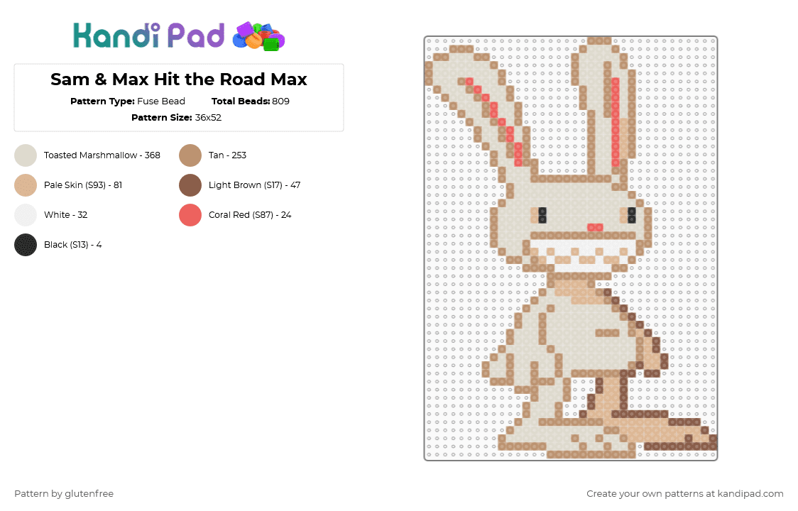 Sam & Max Hit the Road Max - Fuse Bead Pattern by glutenfree on Kandi Pad - beige,video games,sam and max,max,sprite,animal,rabbit,bunny