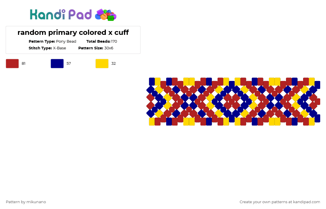 random primary colored x cuff - Pony Bead Pattern by glutenfree on Kandi Pad - red,purple