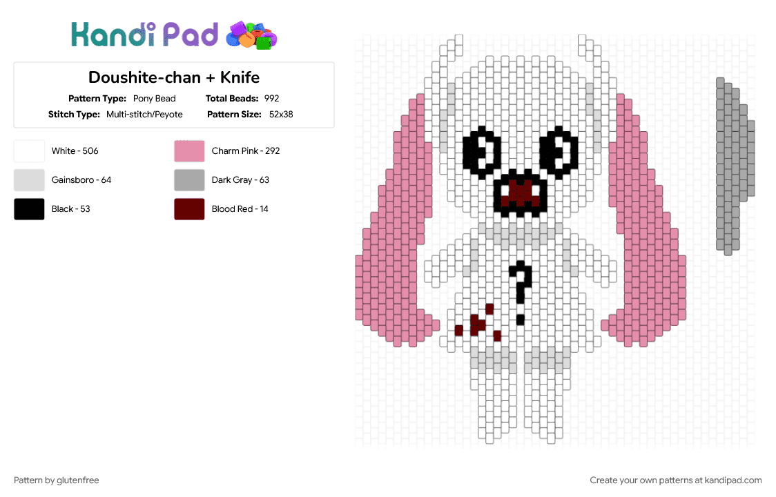 Doushite-chan + Knife - Pony Bead Pattern by glutenfree on Kandi Pad - cute, doushite, doushitechan, hatsune miku, miku, pink, pinnochiop, spooky, vocaloid, white