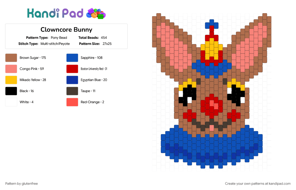 Clowncore Bunny - Pony Bead Pattern by glutenfree on Kandi Pad - animal, blue, bunny, circus, clown, clowncore, cute, kawaii, orange, rabbit, tan