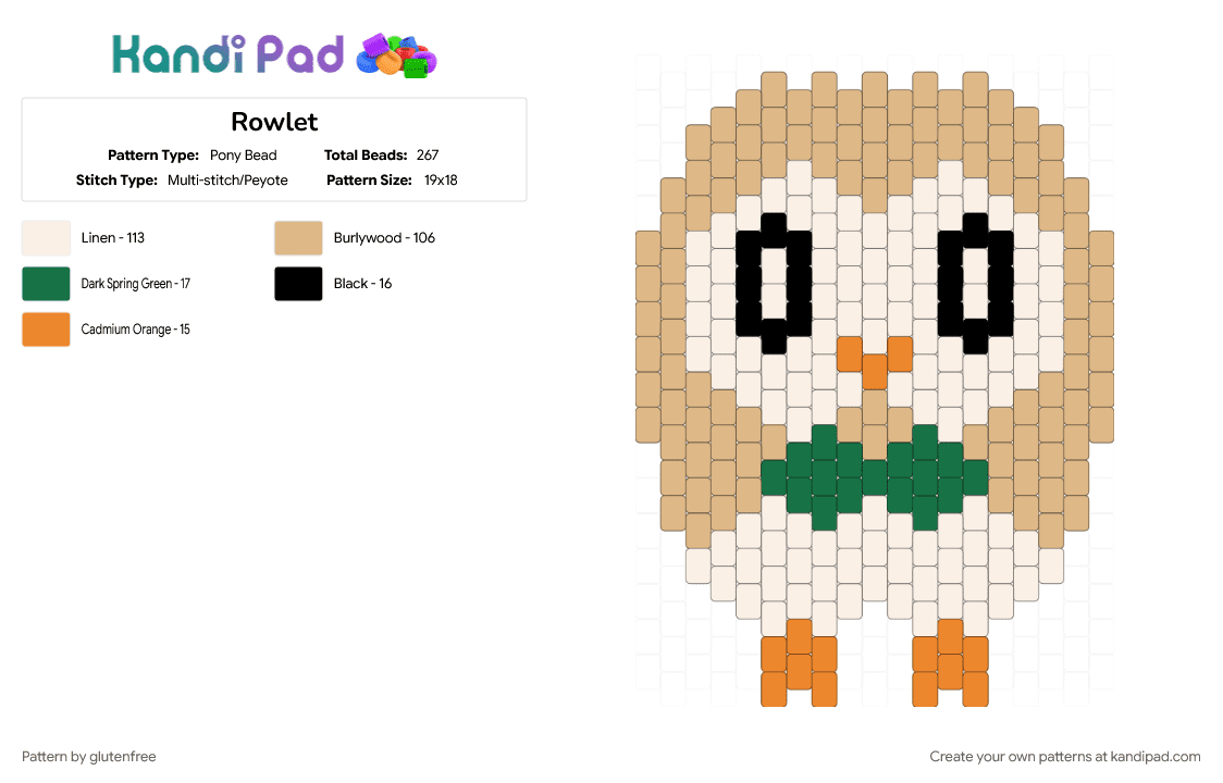 Rowlet - Pony Bead Pattern by glutenfree on Kandi Pad - animal, beige, cute, gaming, kawaii, pokemon, rowlet