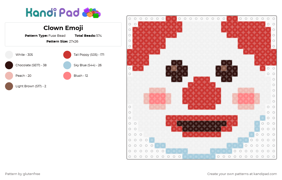 Clown Emoji - Fuse Bead Pattern by glutenfree on Kandi Pad - white,red,cotdaprilfoolsday2026,emoji,face,clown