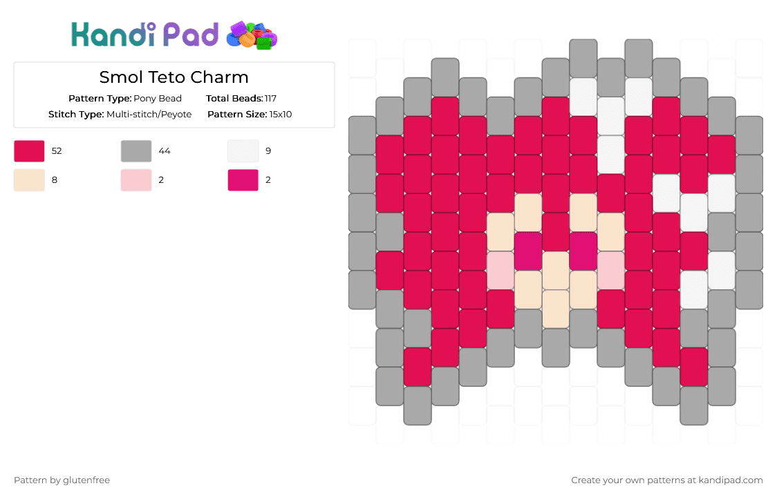 Smol Teto Charm - Pony Bead Pattern by glutenfree on Kandi Pad - anime, beige, charm, kasane teto, music, red, synthv, teto, utau, vocaloid