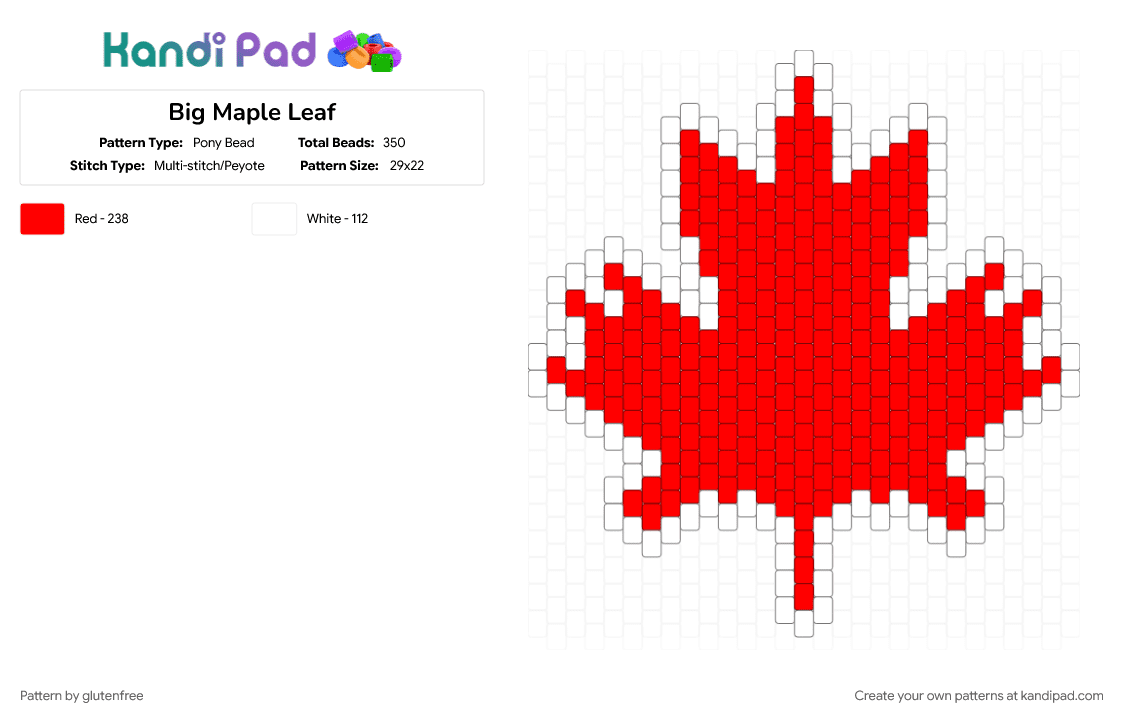 Big Maple Leaf - Pony Bead Pattern by glutenfree on Kandi Pad - canada, charm, cotdforests, leaf, maple leaf, red, white